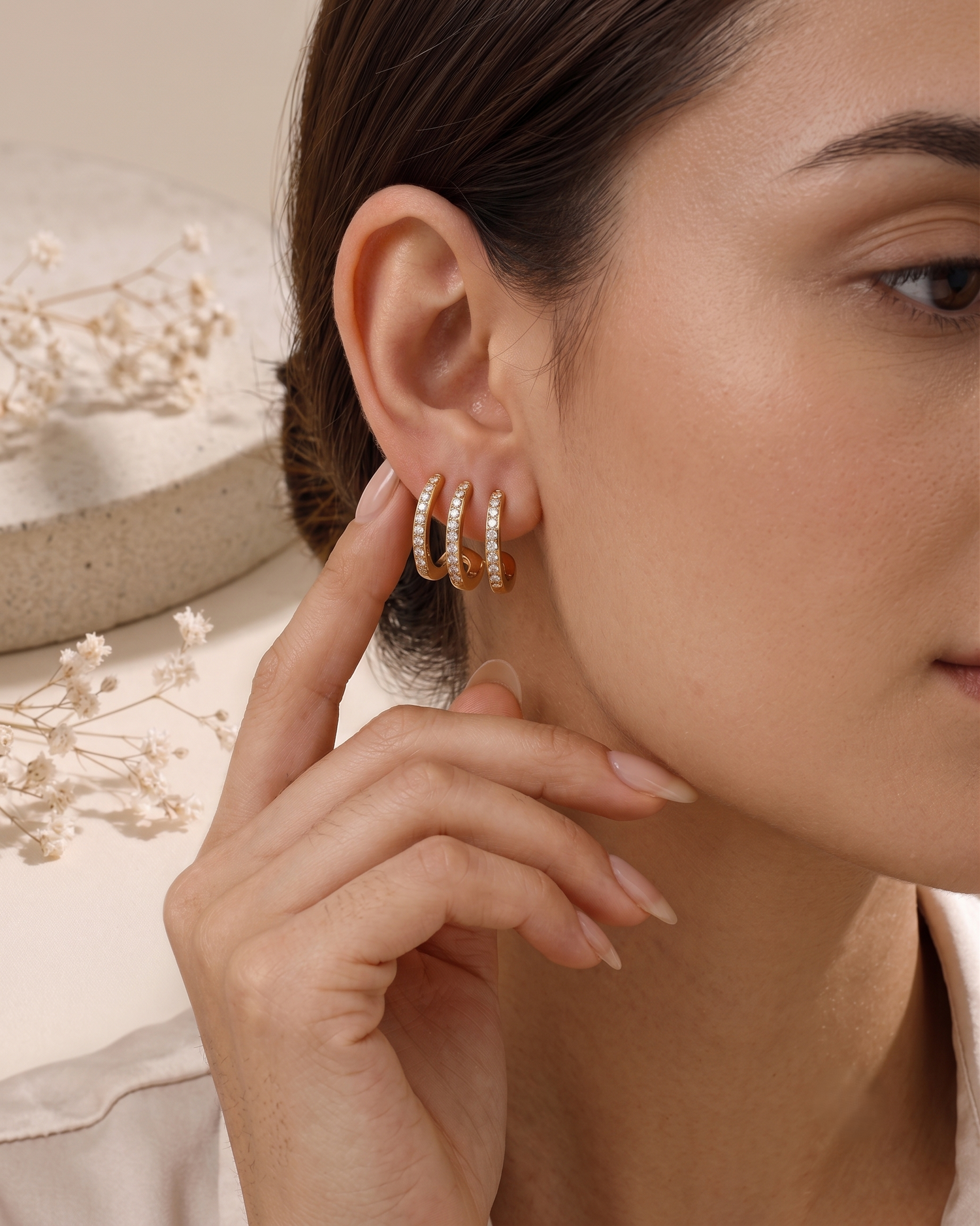 18K Gold Plated Triple Row Diamond Hoop Earrings