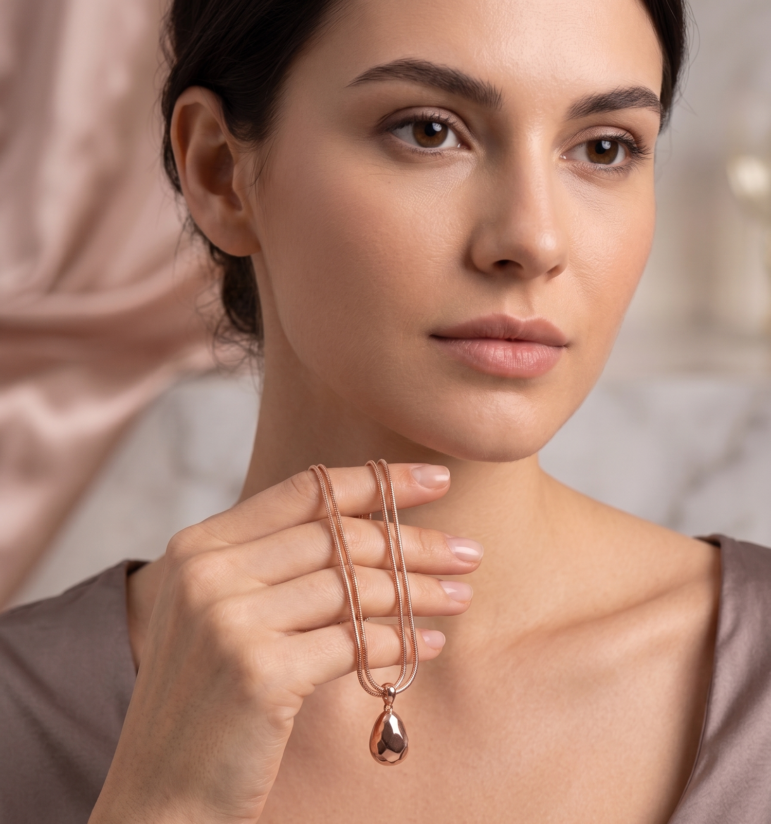 Rose gold hammered teardrop pendant necklace by Prifine featuring a textured, elegant teardrop charm on a delicate chain.