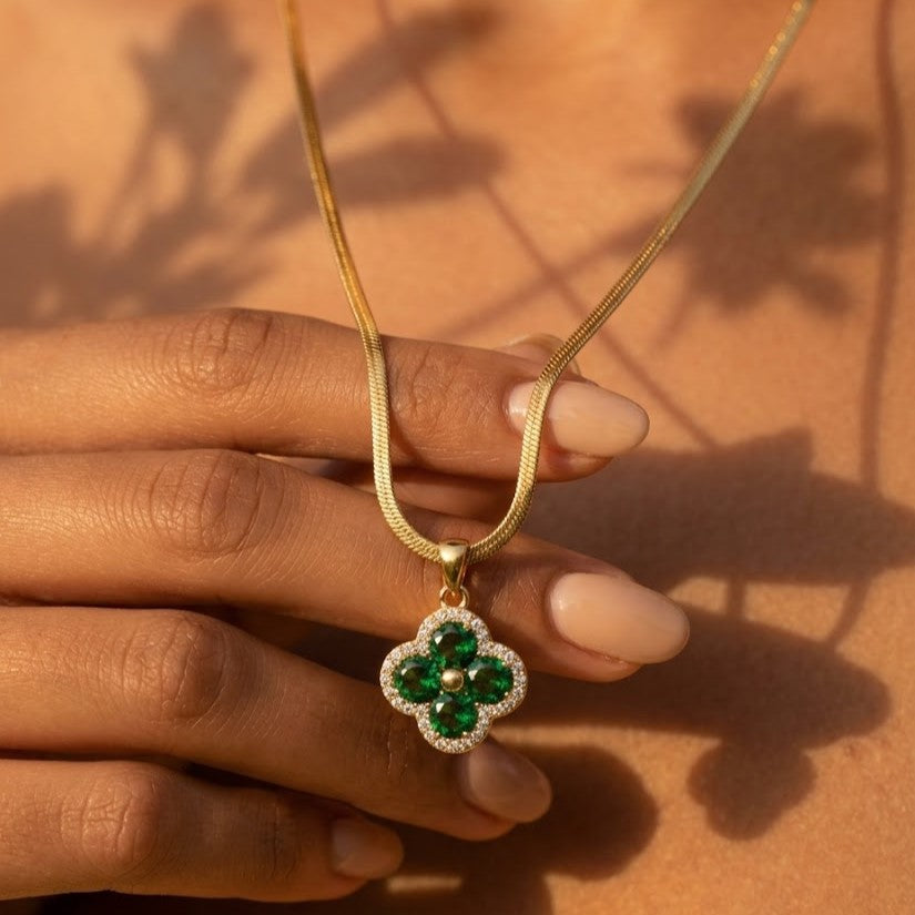 18K Gold Plated Emerald Green Crystal Clover Pendant Necklace | Flat Herringbone Snake Chain for Women