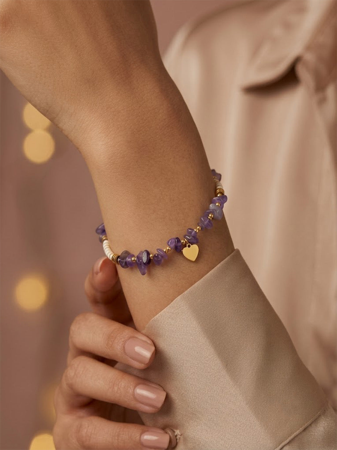 Raw Amethyst Gemstone Beaded Bracelet with Gold Heart Charm &amp; Gold-Tone Accent Spacers