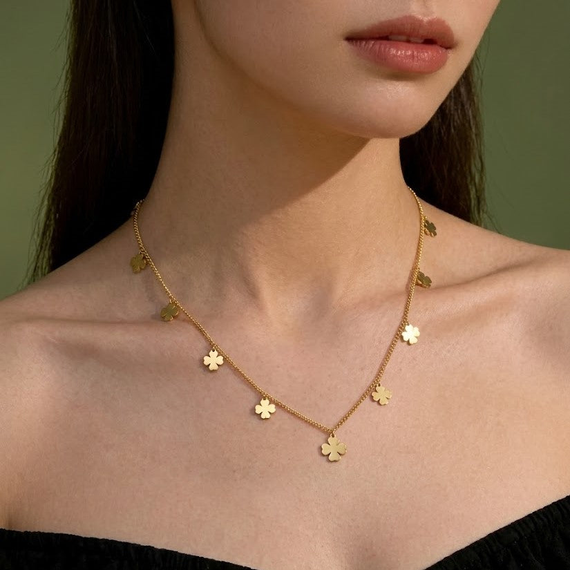 18K Gold Plated Multi Clover Charm Choker Necklace | Delicate Solid Four-Leaf Clover Drop Chain