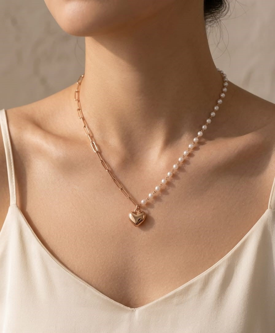Prifine dainty half pearl and paperclip heart necklace hanging on a display, showcasing its elegant mixed metal design.