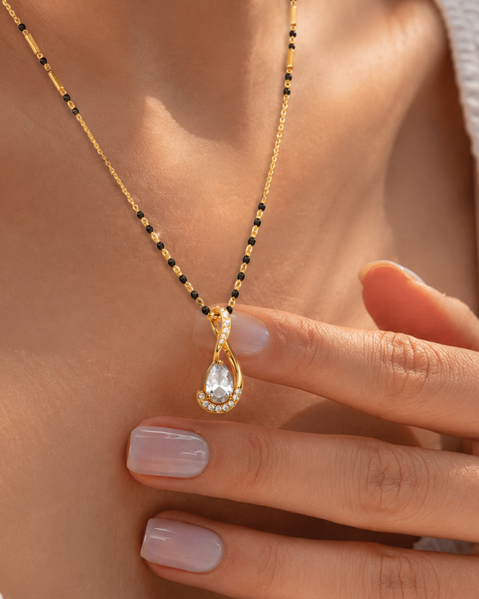 Gold Plated Mangalsutra Necklace with Crystal Teardrop Pendant for Women