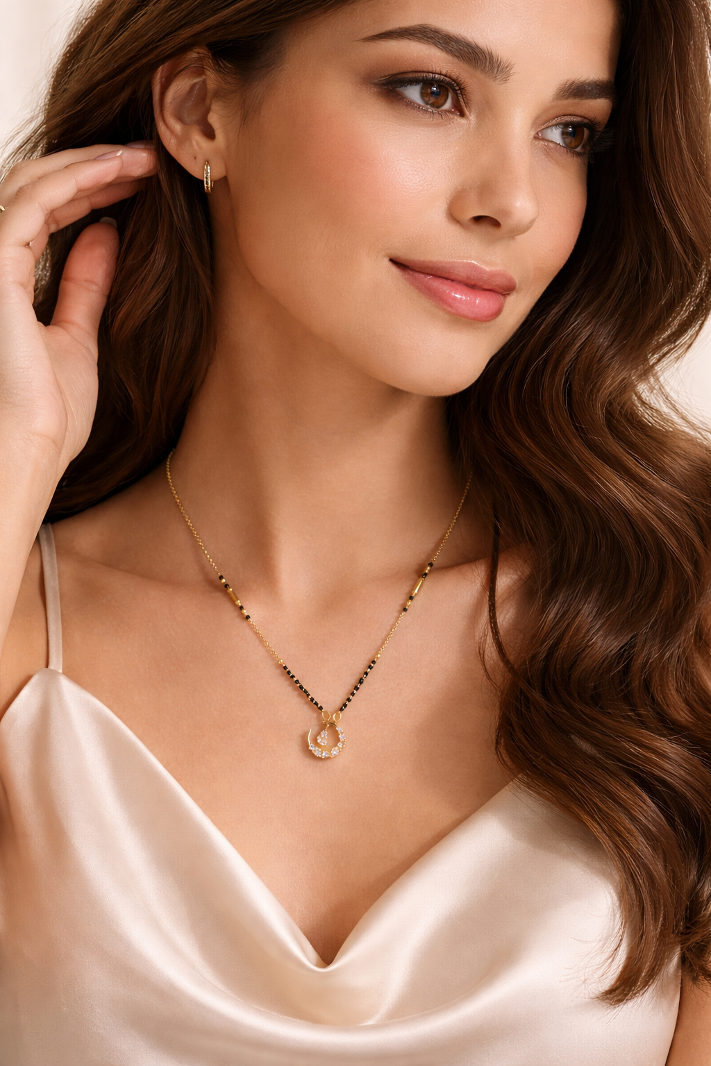 Prifine Moonlight Spark Mangalsutra featuring a delicate gold chain with a moonlight-inspired pendant and traditional design