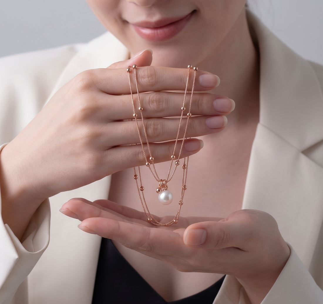 Prifine rose gold double-strand pearl and bead necklace with elegant design and detailed craftsmanship.