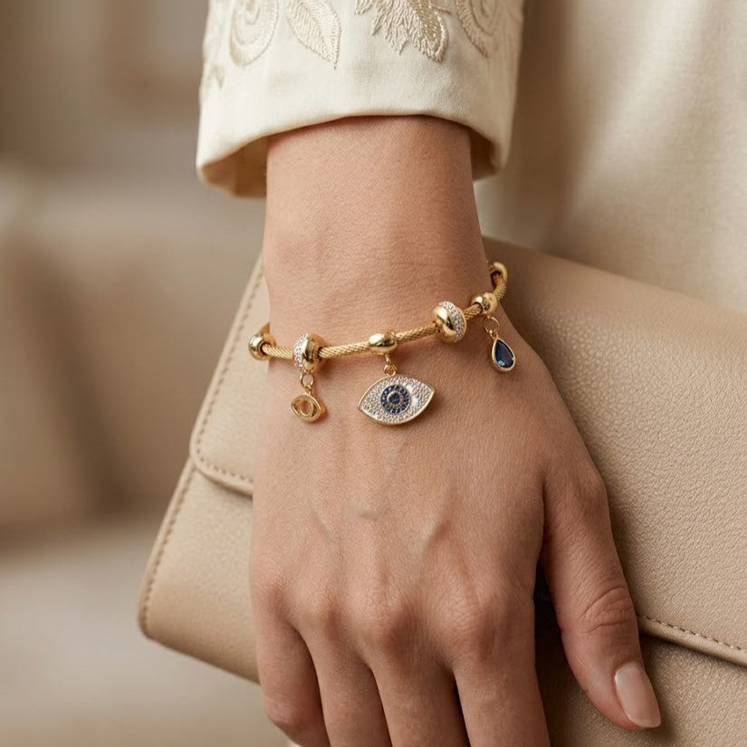 18K Gold Plated Evil Eye Twisted Wire Bracelet, Sparkling Blue Crystal Protection Bangle for Women