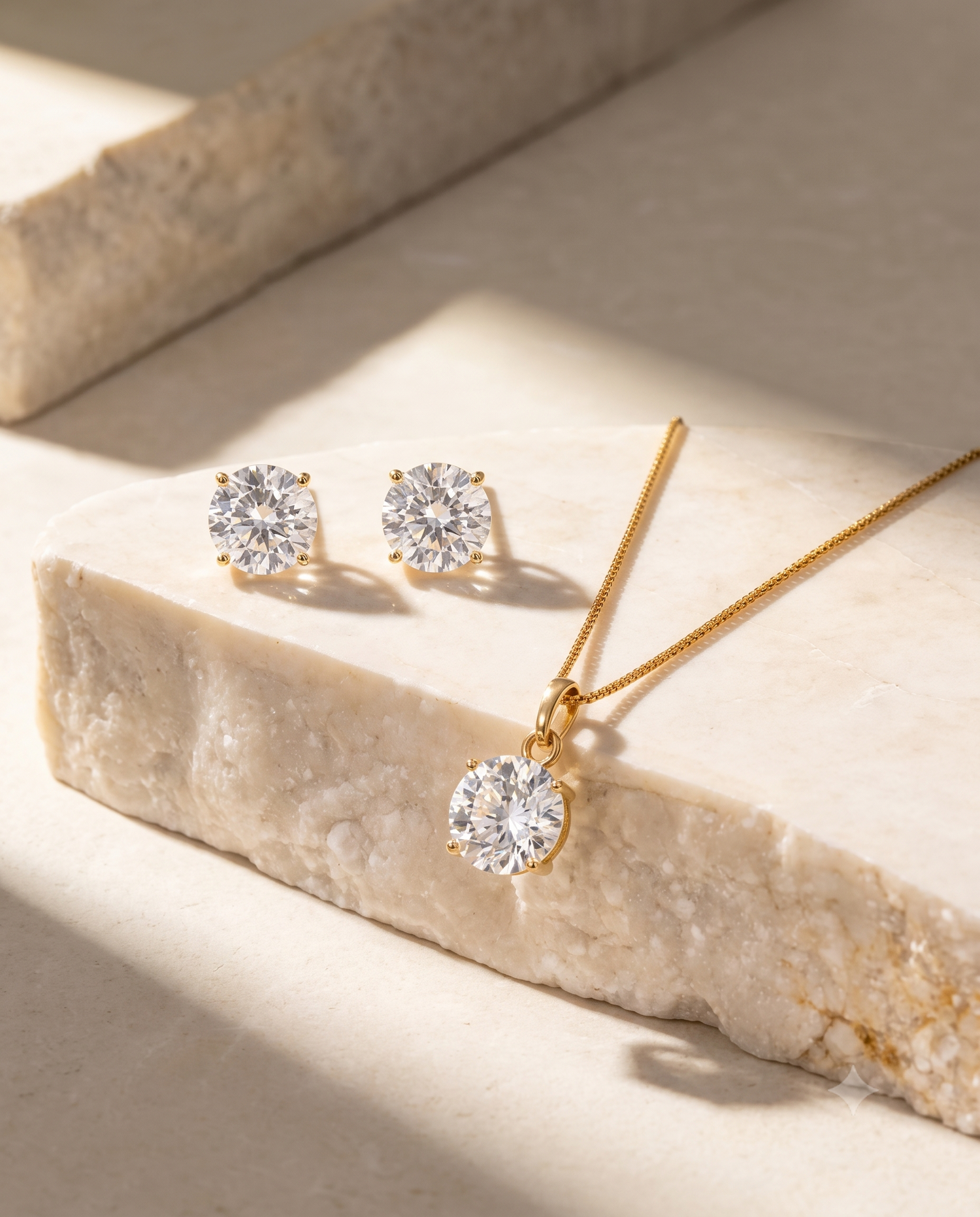 Round Solitaire Crystal Pendant Necklace &amp; Stud Earrings Set for Women | Gold-Plated Jewelry Set
