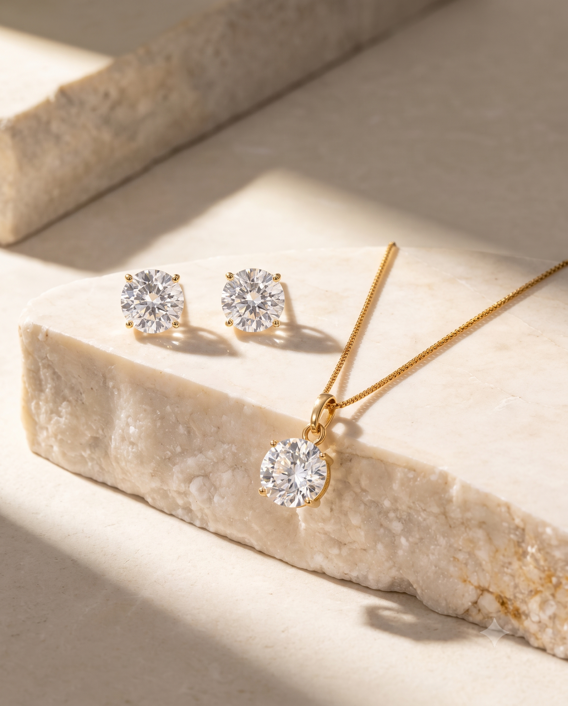Round Solitaire Crystal Pendant Necklace &amp; Stud Earrings Set for Women | Gold-Plated Jewelry Set