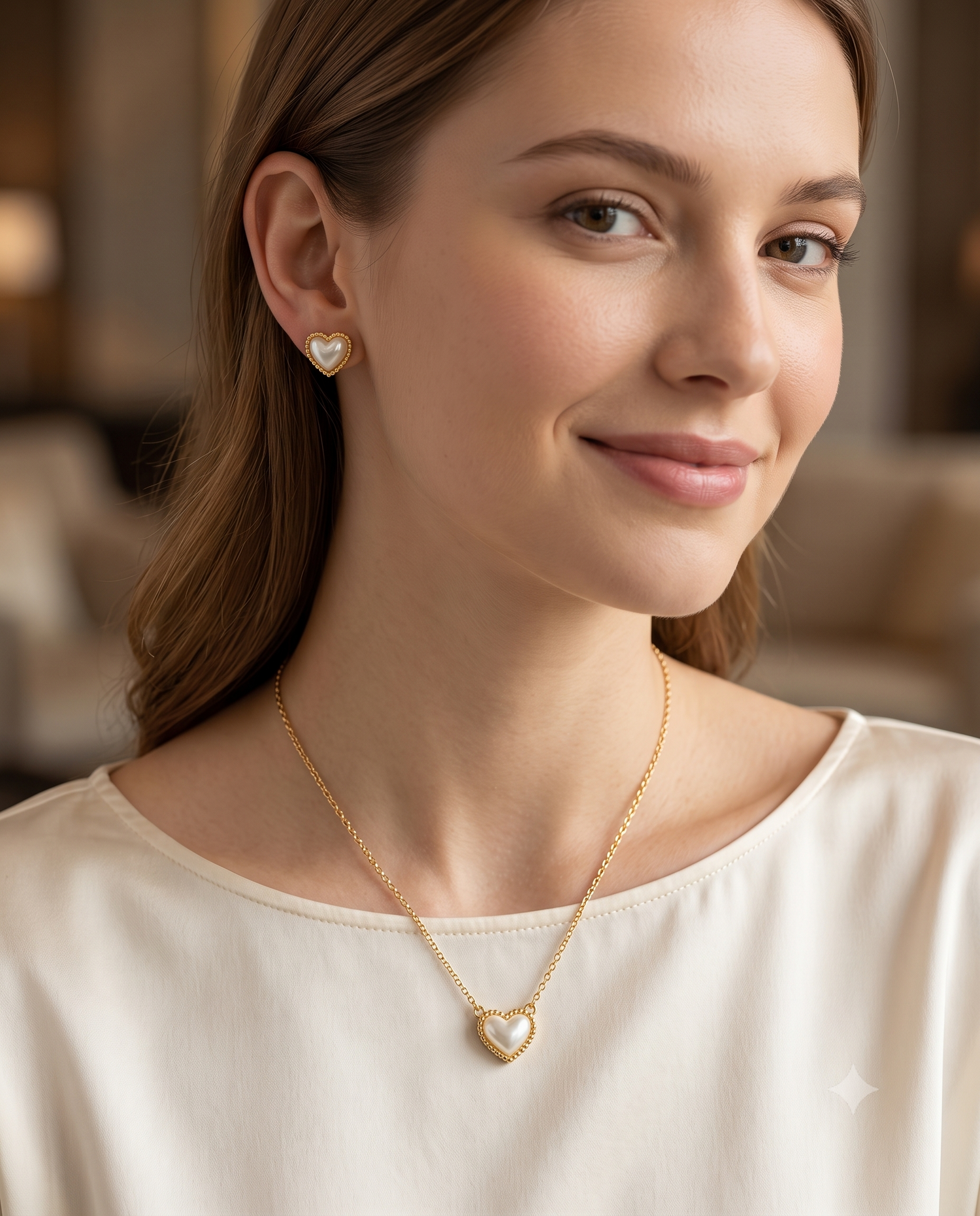 Gold Heart Necklace &amp; Stud Earrings Set with White Pearl Accent | Elegant Gold-Plated Jewelry for Women