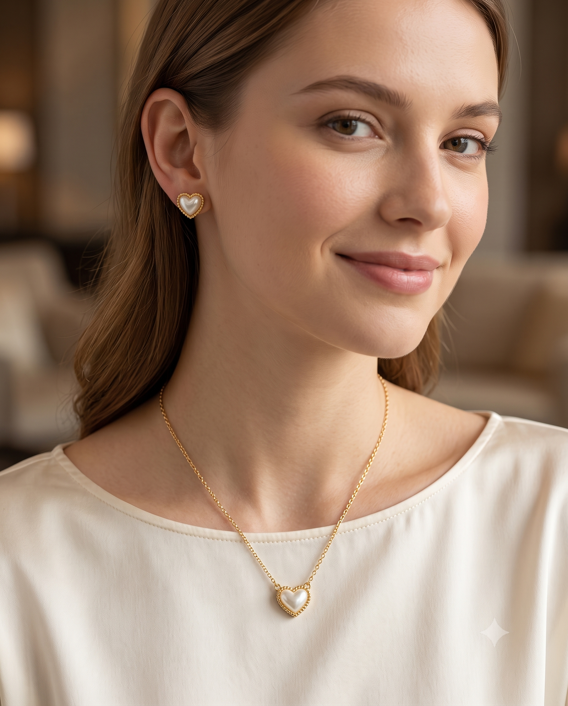 Gold Heart Necklace &amp; Stud Earrings Set with White Pearl Accent | Elegant Gold-Plated Jewelry for Women