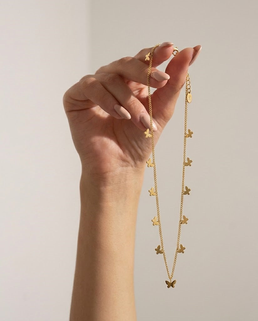18K Gold Plated Multi Butterfly Charm Dangle Necklace | Dainty Solid Butterfly Drop Fringe Chain for Women