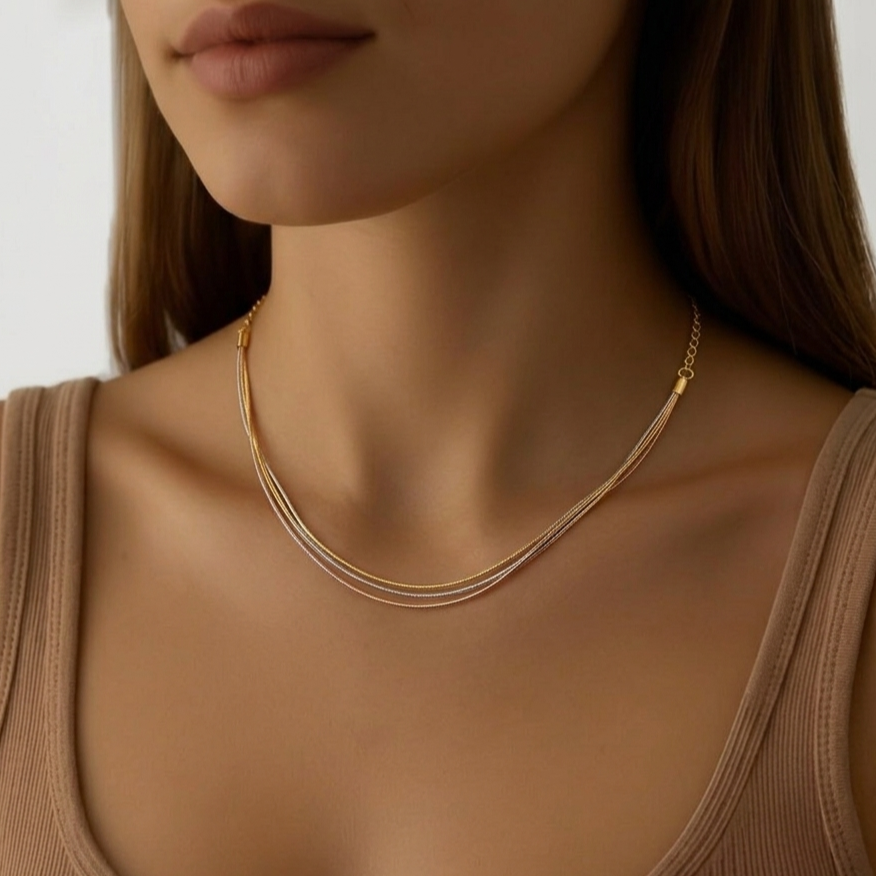 Prifine tri-tone 18k gold plated multi-strand liquid chain necklace with layered, shiny gold, rose, and silver tones.