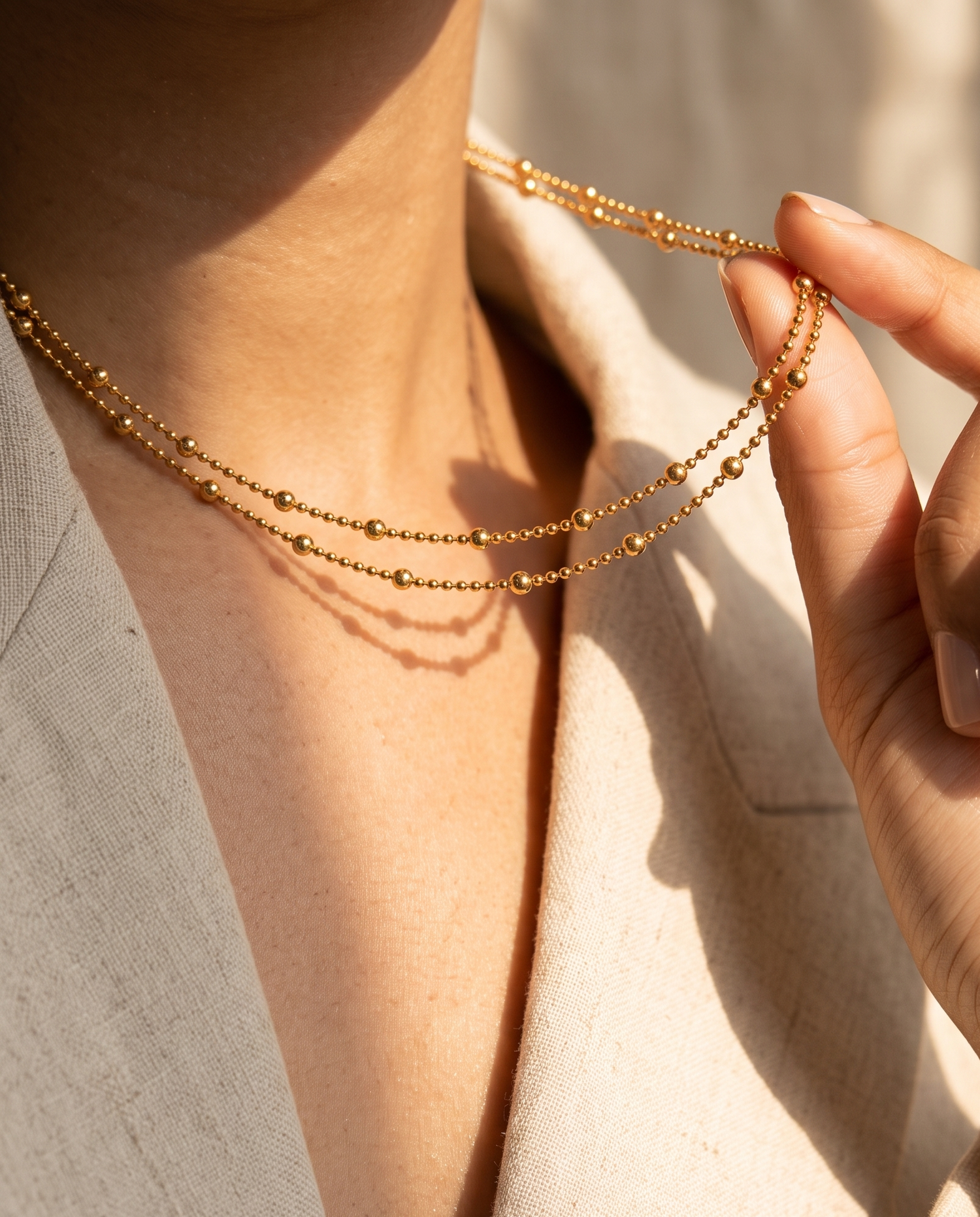 Minimalist Double Layer Gold Beaded Necklace for Women | Dainty Layered Chain | Anti-Tarnish | Adjustable Gold Necklace