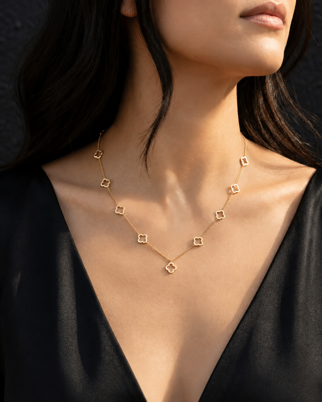 18K Gold Plated Openwork Clover Dangle Chain Necklace