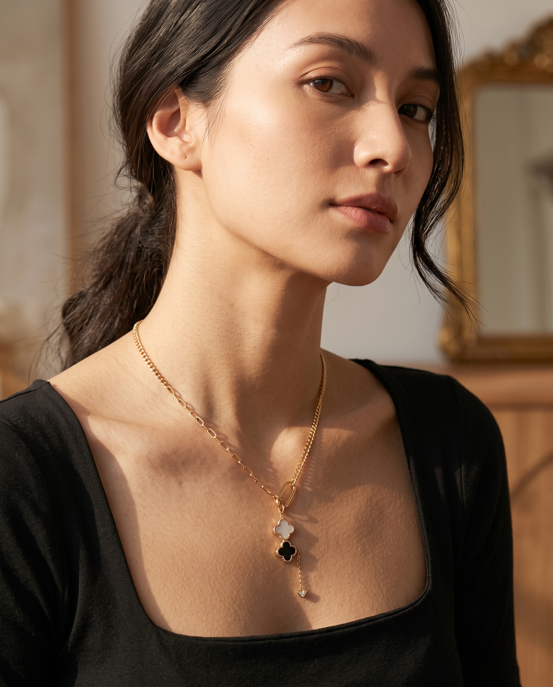 Elegant Clover Charm Gold Necklace for Women | Black &amp; White Clover Pendant | Anti-Tarnish | Premium Gold-Plated Necklace