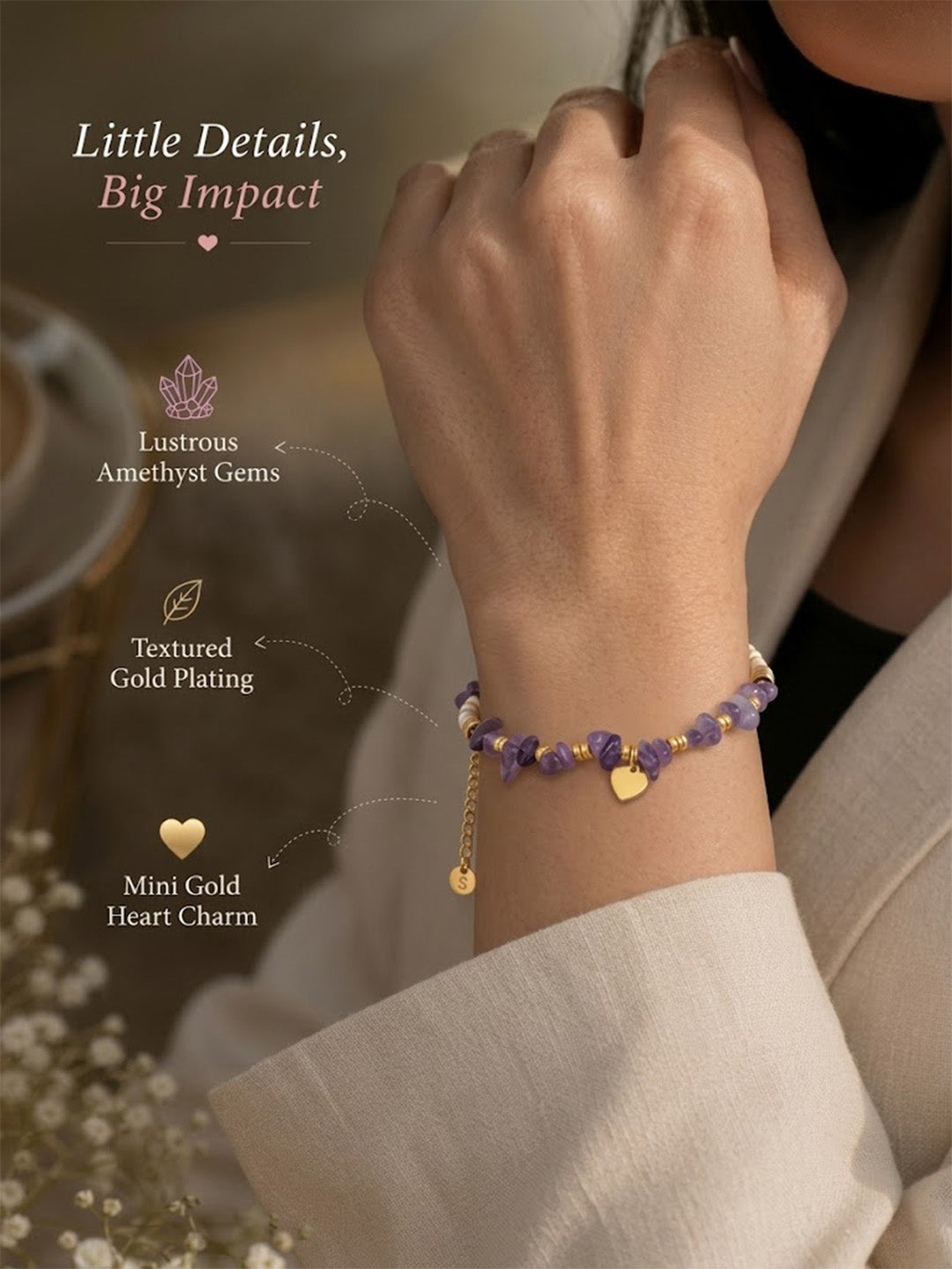 Raw Amethyst Gemstone Beaded Bracelet with Gold Heart Charm &amp; Gold-Tone Accent Spacers