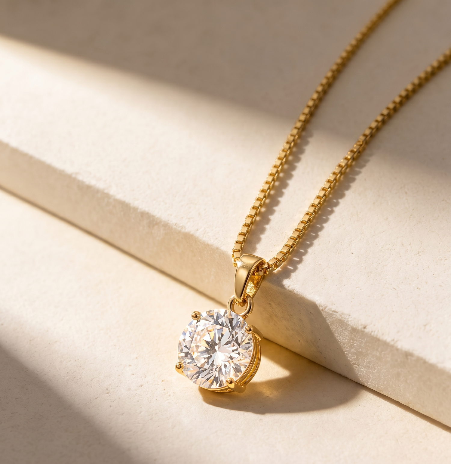 Round Solitaire Crystal Pendant Necklace &amp; Stud Earrings Set for Women | Gold-Plated Jewelry Set