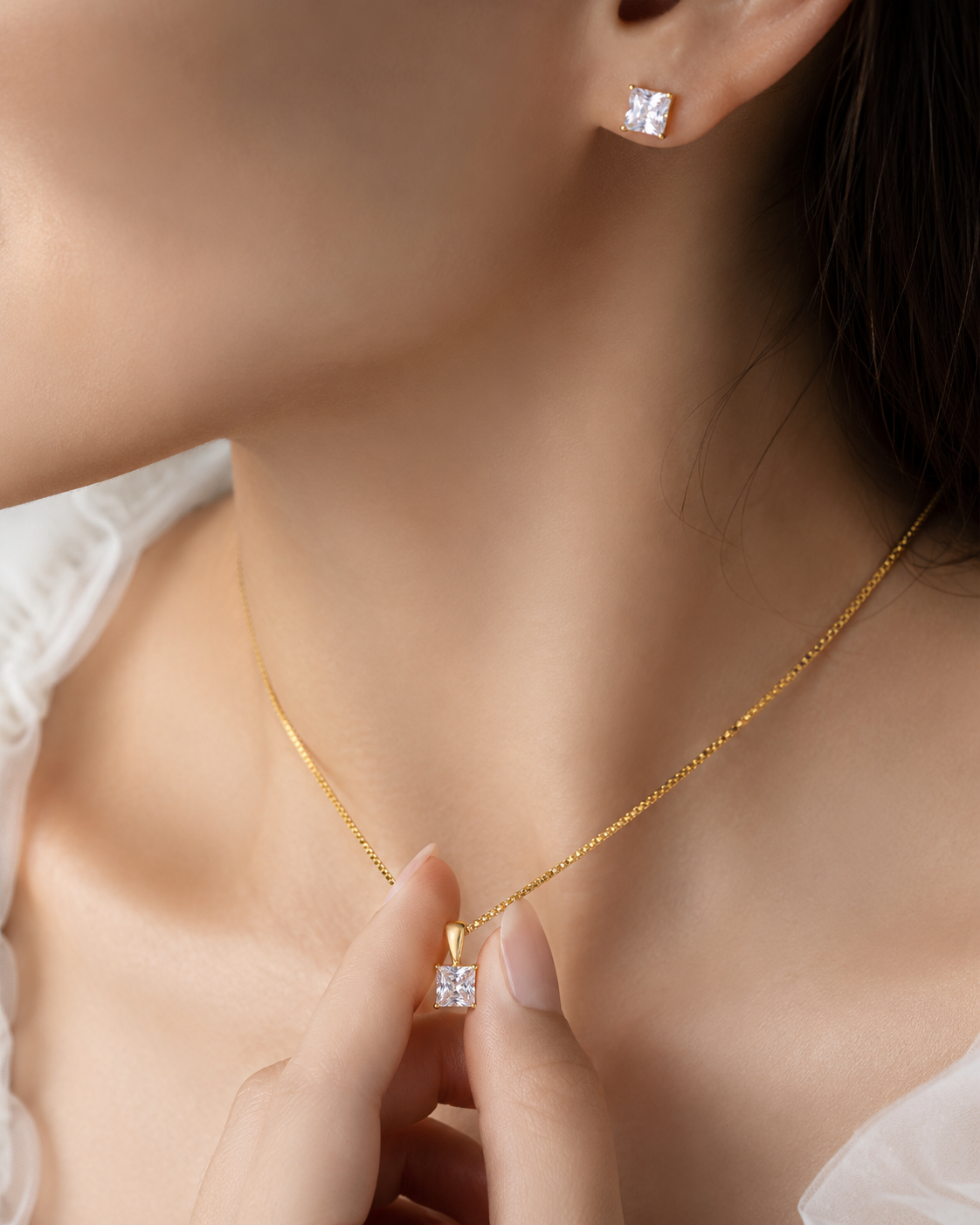 Elegant Princess Cut Crystal Pendant Necklace &amp; Stud Earrings Set | Gold-Plated Minimalist Jewelry for Women