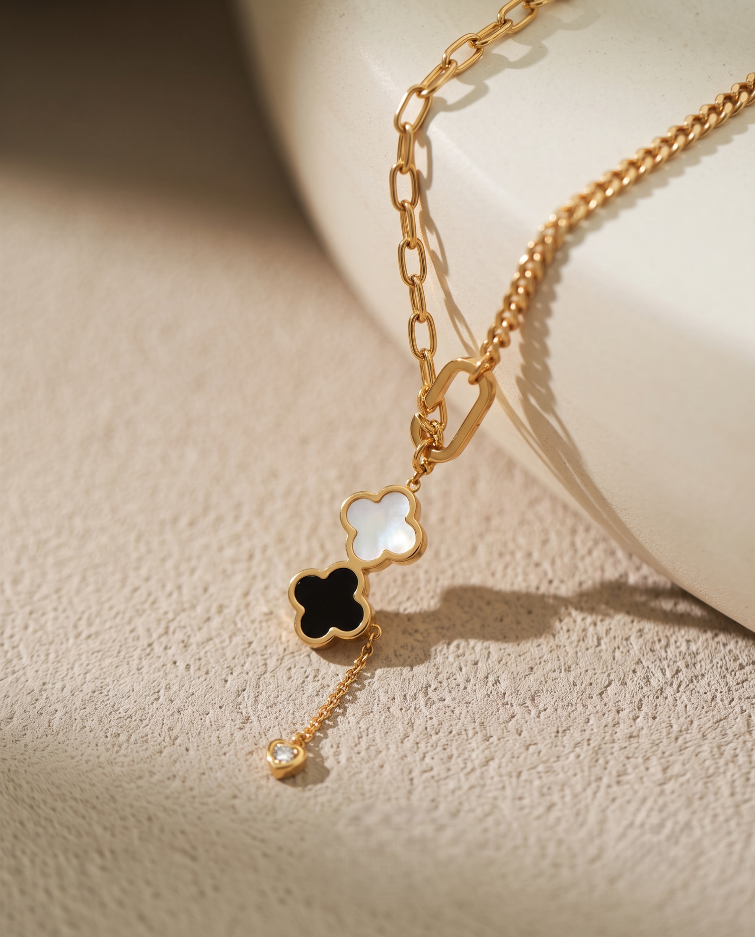Elegant Clover Charm Gold Necklace for Women | Black &amp; White Clover Pendant | Anti-Tarnish | Premium Gold-Plated Necklace