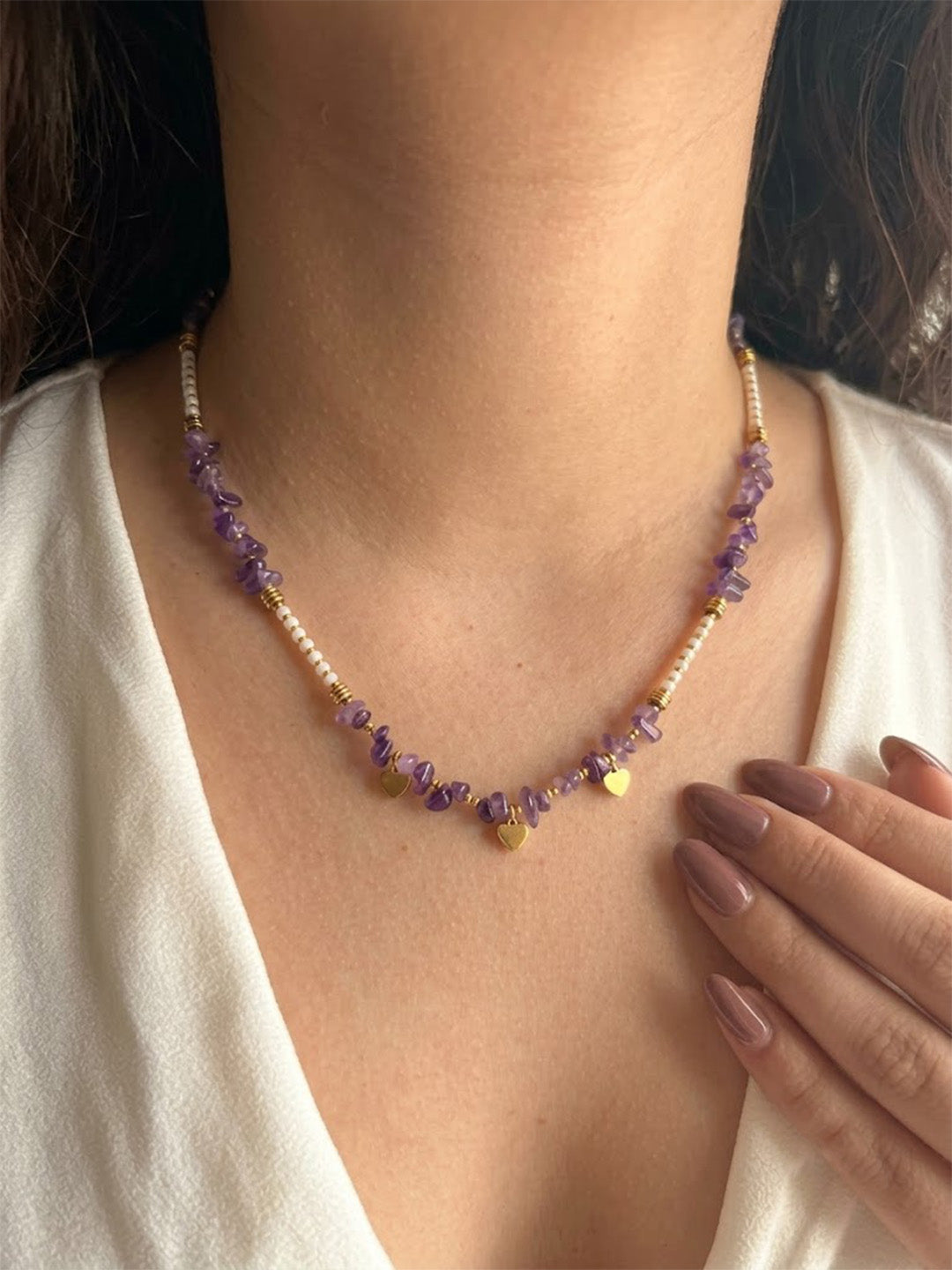 Boho Amethyst Crystal &amp; Triple Heart Pendant Necklace – Tarnish-Resistant Stainless Steel
