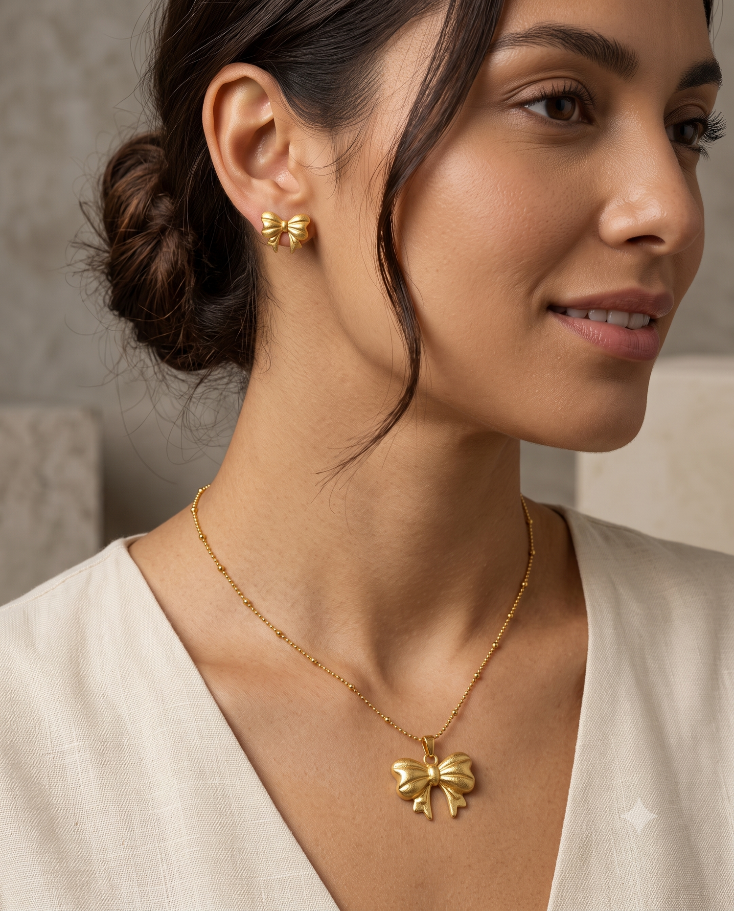 Gold Bow Pendant Necklace &amp; Stud Earrings Set for Women | Elegant Gold-Plated Bow Jewelry Set