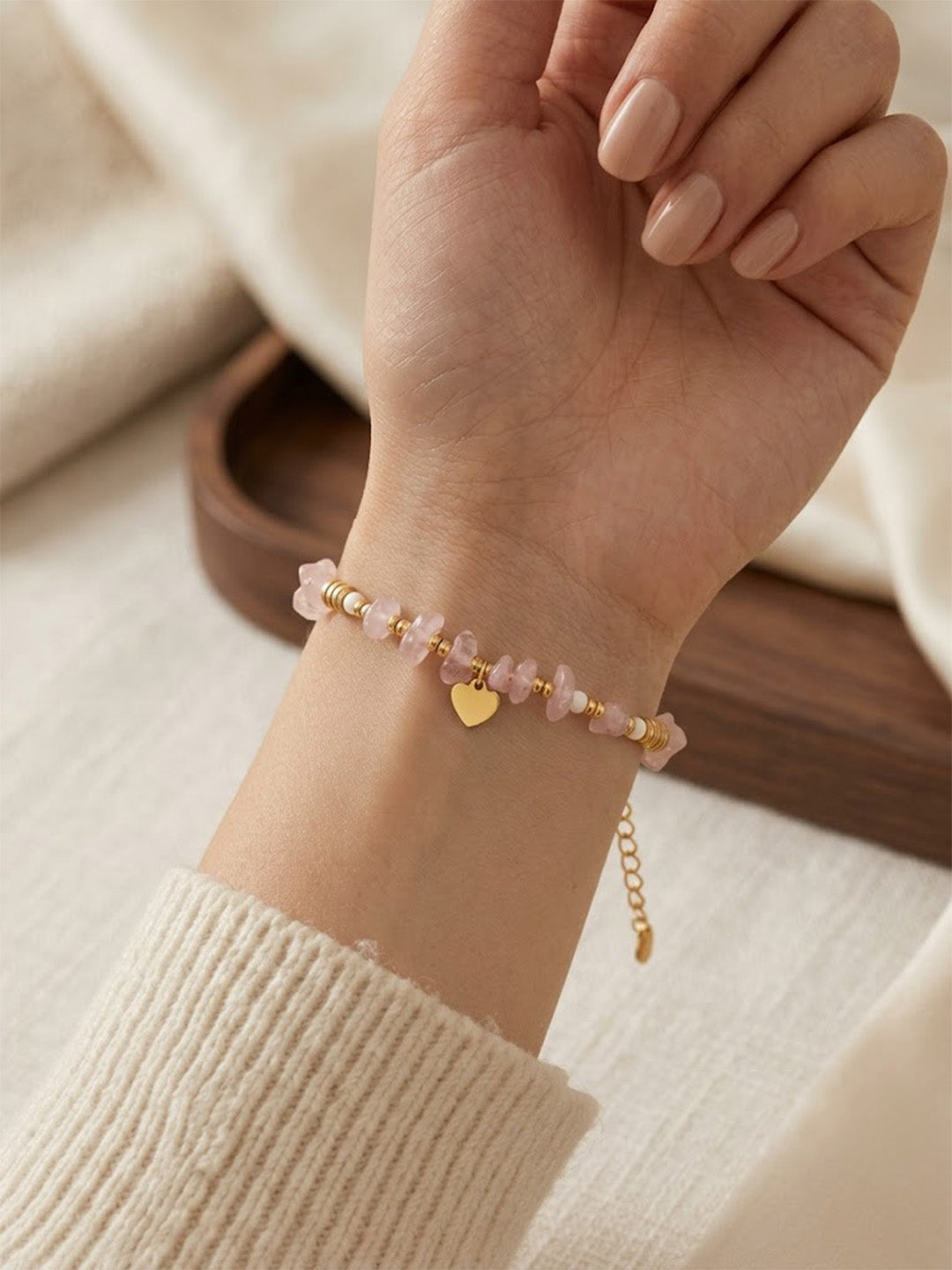 Boho Light Pink Rose Quartz &amp; White Seed Bead Bracelet – Tarnish-Resistant Summer Wristwear