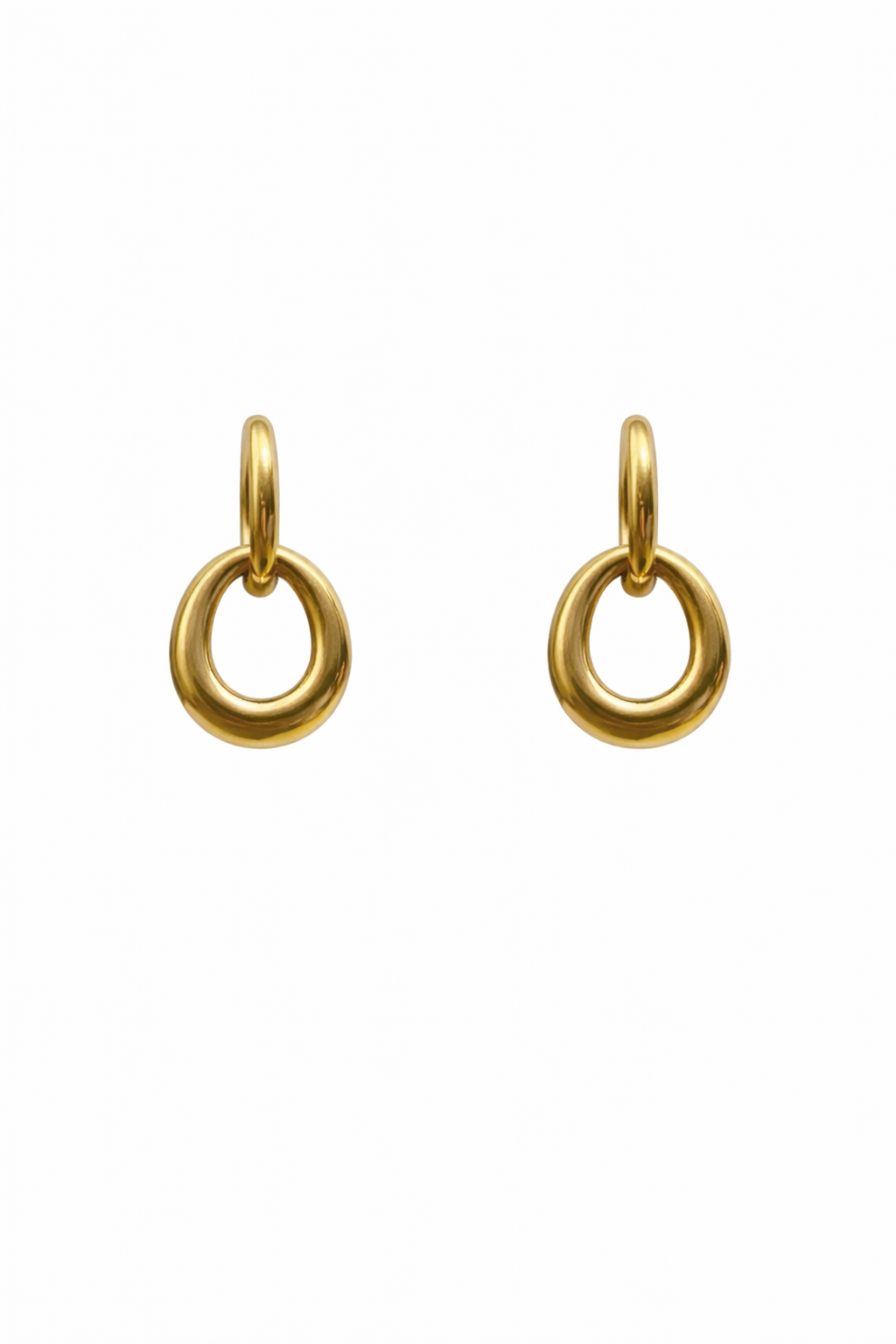 Prifine gold hoop drop earring with a sleek, modern design hanging from a delicate earring hook.