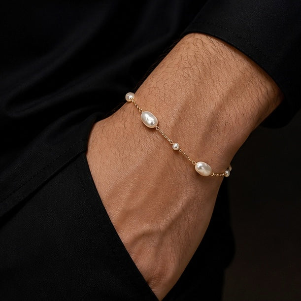 Prifine 18k gold-plated bracelet with alternating pearl links, elegant jewelry piece with shiny gold and white pearls