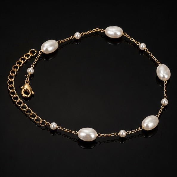 Prifine 18k gold-plated pearl link bracelet featuring alternating pearls and gold chain links on a white background.
