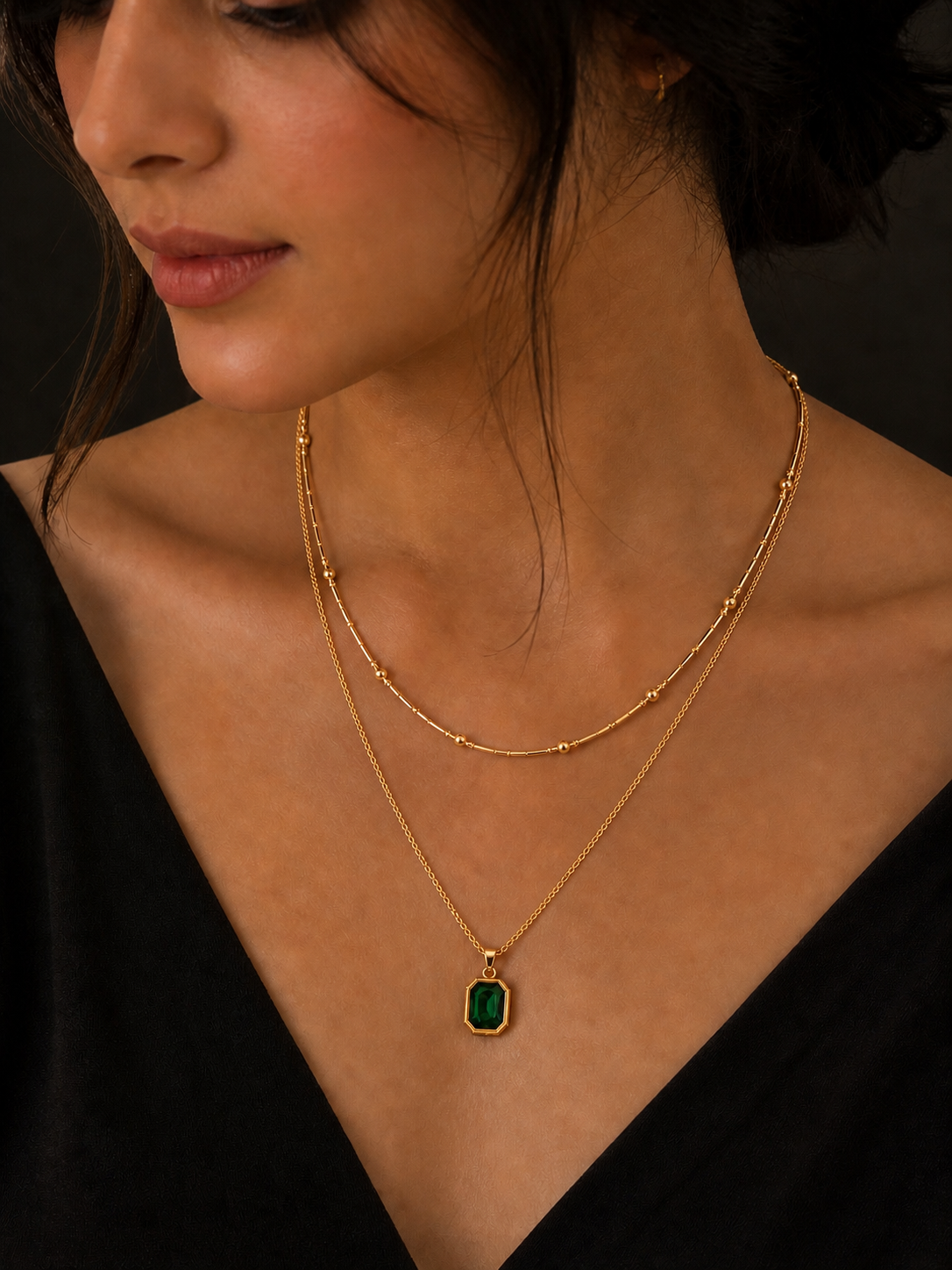 18k Gold-Plated Stainless Steel Emerald Layering Neckless