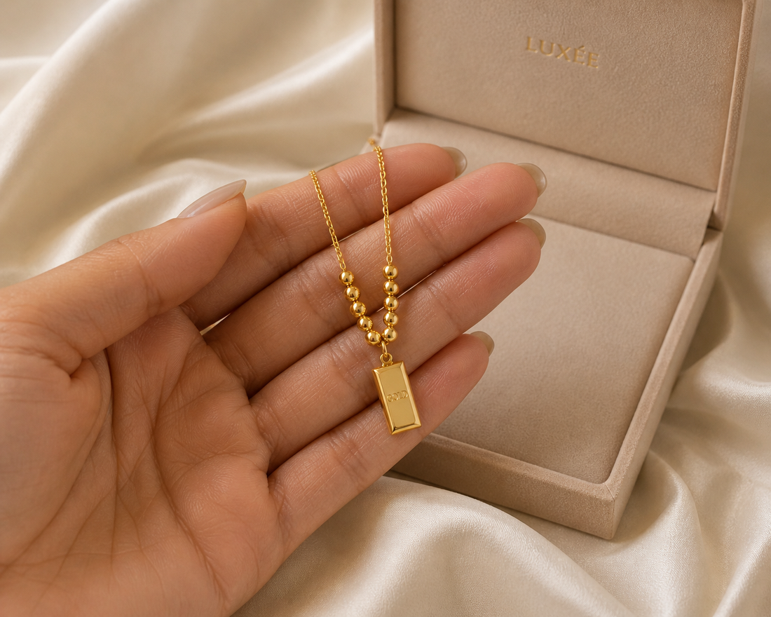 18k Gold-Plated Ingot Charm Bead Station Necklace