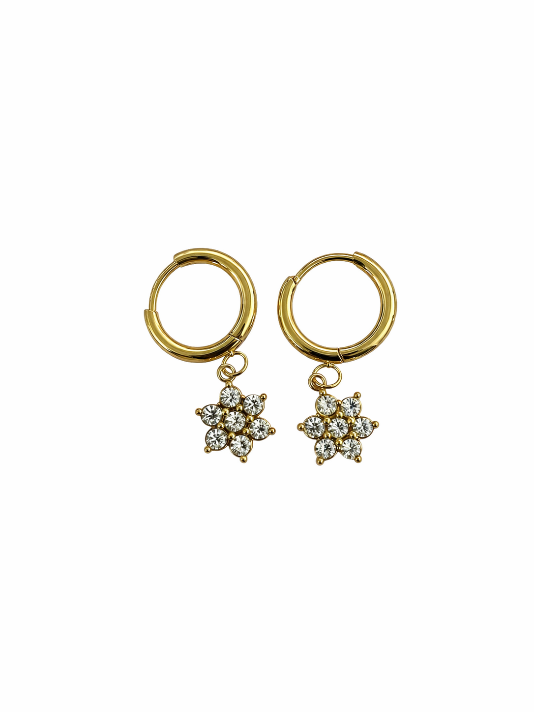 Prifine flower hoop drop earring with delicate floral design and gold-tone finish, hanging from a sleek hook.