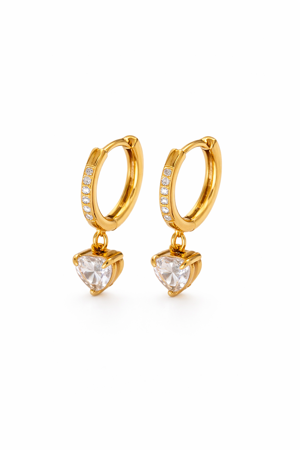 Prifine crystal heart drop hoop earring with sparkling crystal accents and silver-tone metal, displayed on a white background.