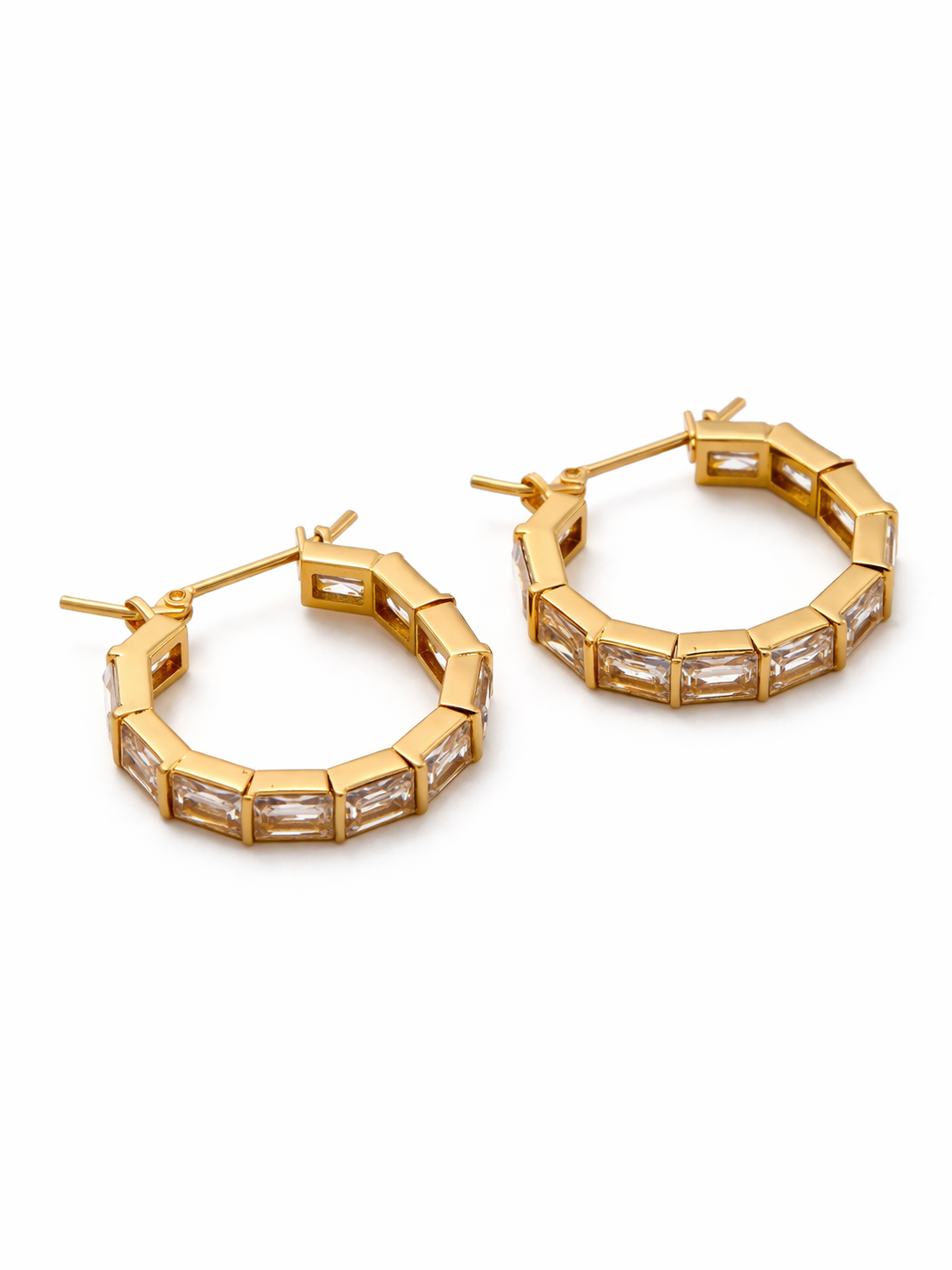 Gold stone studded hoop earrings by Prifine featuring a polished gold finish with embedded sparkling stones.