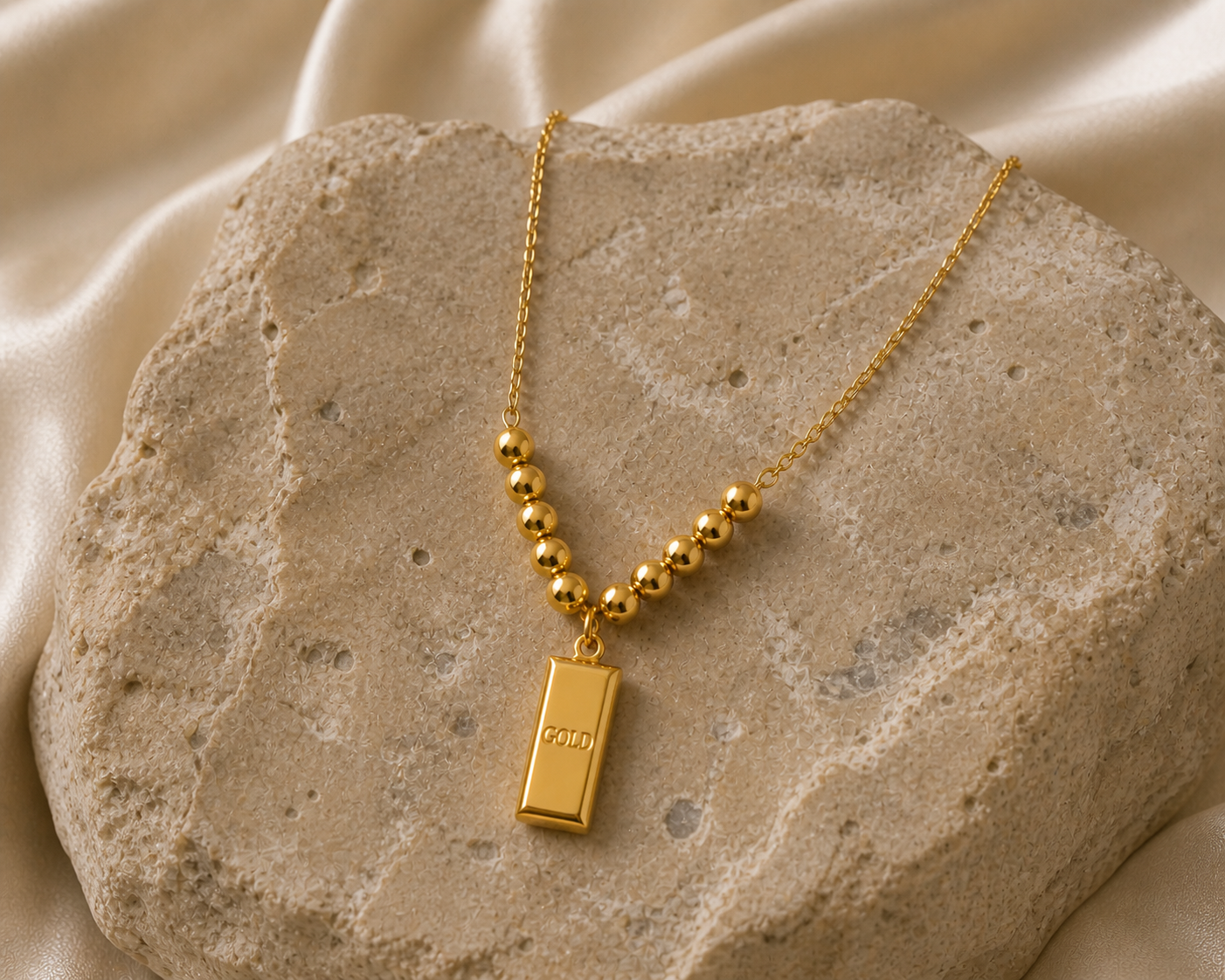Prifine 18k gold-plated ingot charm bead station necklace with detailed ingot pendant on a delicate chain