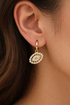Prifine evil eye hoop earring with blue and white bead design, round gold-tone jewelry accessory on a white background