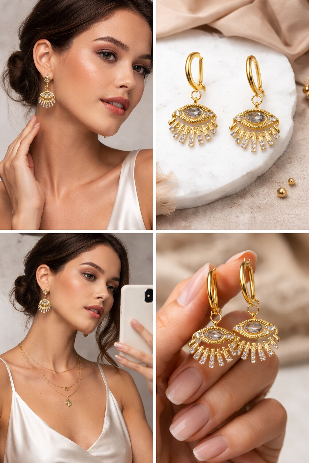 Gold plated evil eye earring by Prifine featuring a stylish design with blue and gold accents.