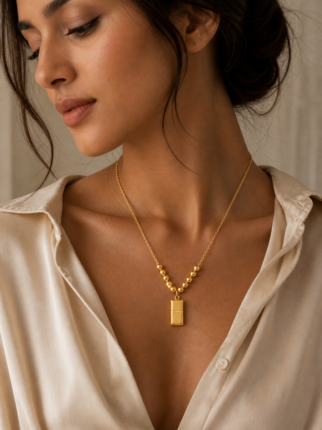 Prifine 18k gold-plated ingot charm bead station necklace with gold accents, showcasing a sleek and elegant jewelry design.