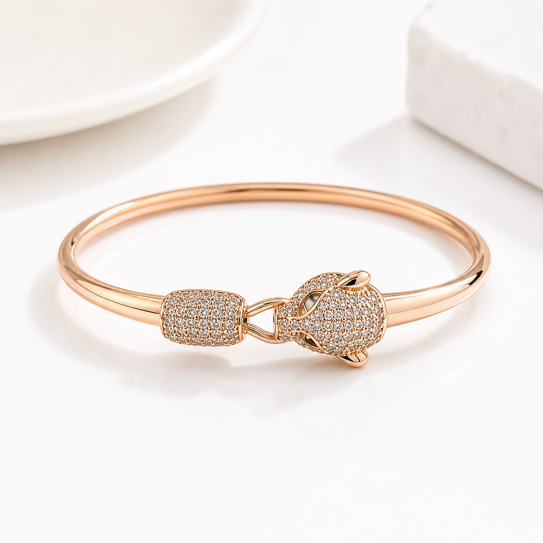 Prifine Wild Elegance Interlocking Panther Bangle featuring sleek silver finish and detailed panther design on a white background.