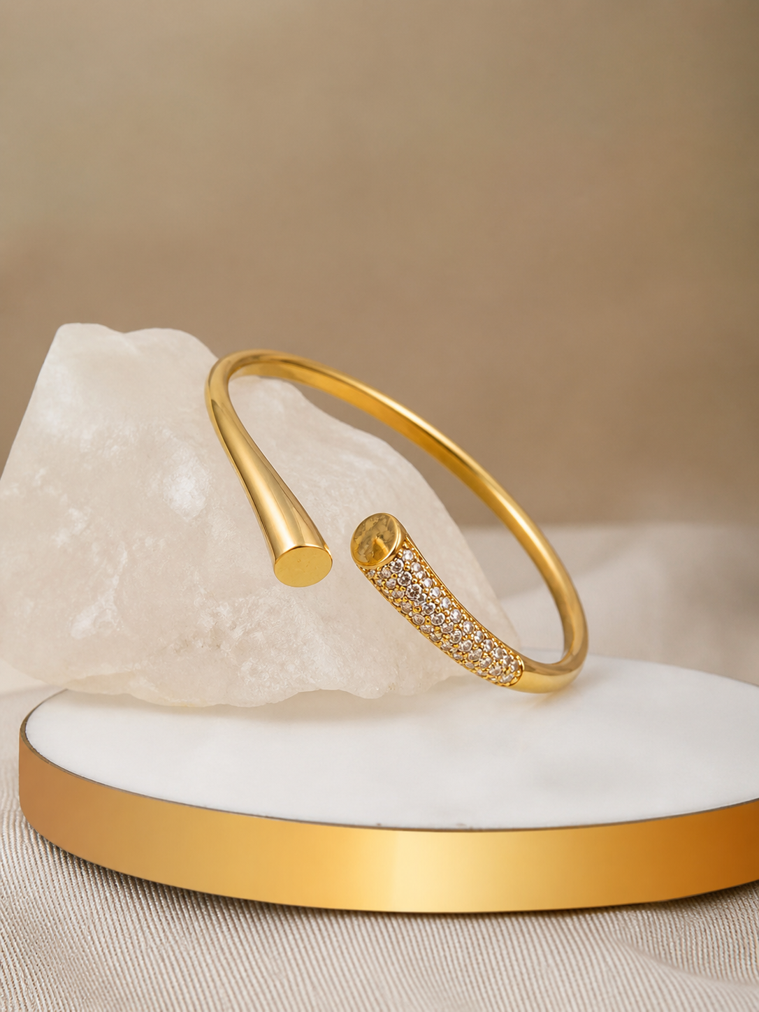 Elegant gold open cuff bracelet for women by Prifine, featuring a sleek, minimalist design with smooth finish and open-ended style.