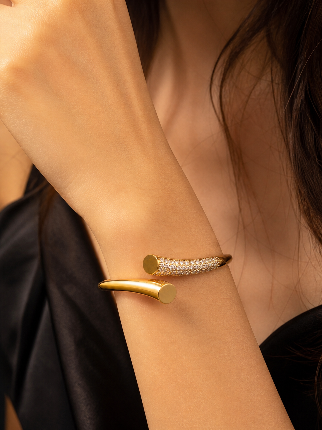 Elegant gold open cuff bracelet for women by Prifine, featuring sleek design and polished finish.