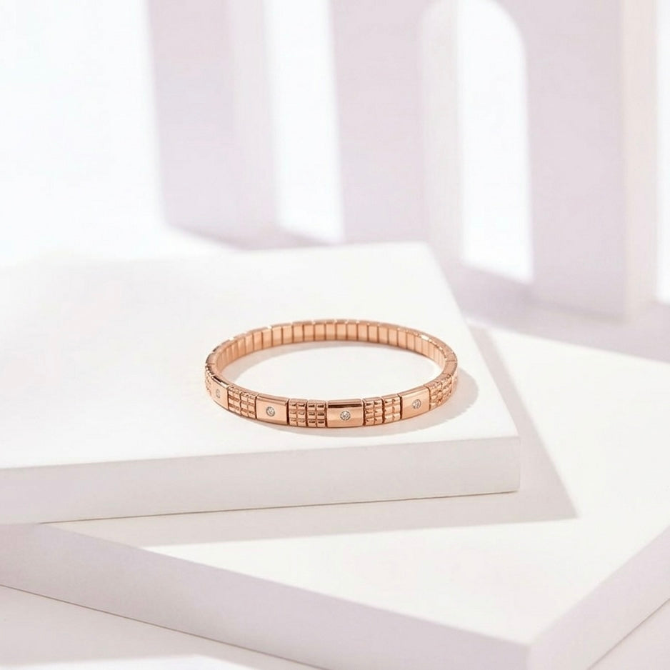 Prifine Urban Grid Crystal Bracelet in 18K gold plating featuring a sleek geometric design and sparkling crystal accents.