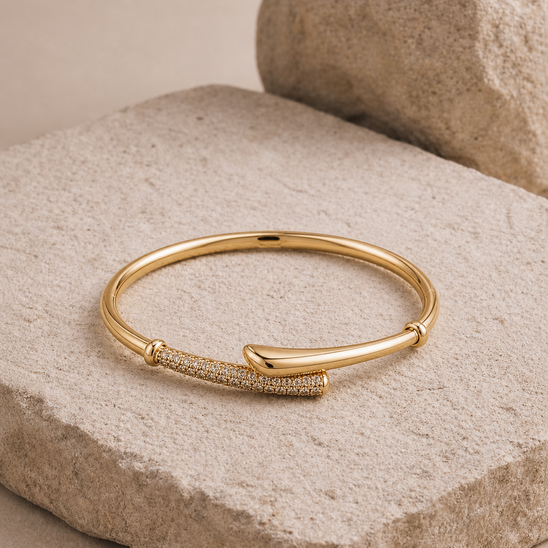 Prifine dual-path pave open bracelet in 18K gold plating featuring sparkling pave accents and a sleek, modern design.