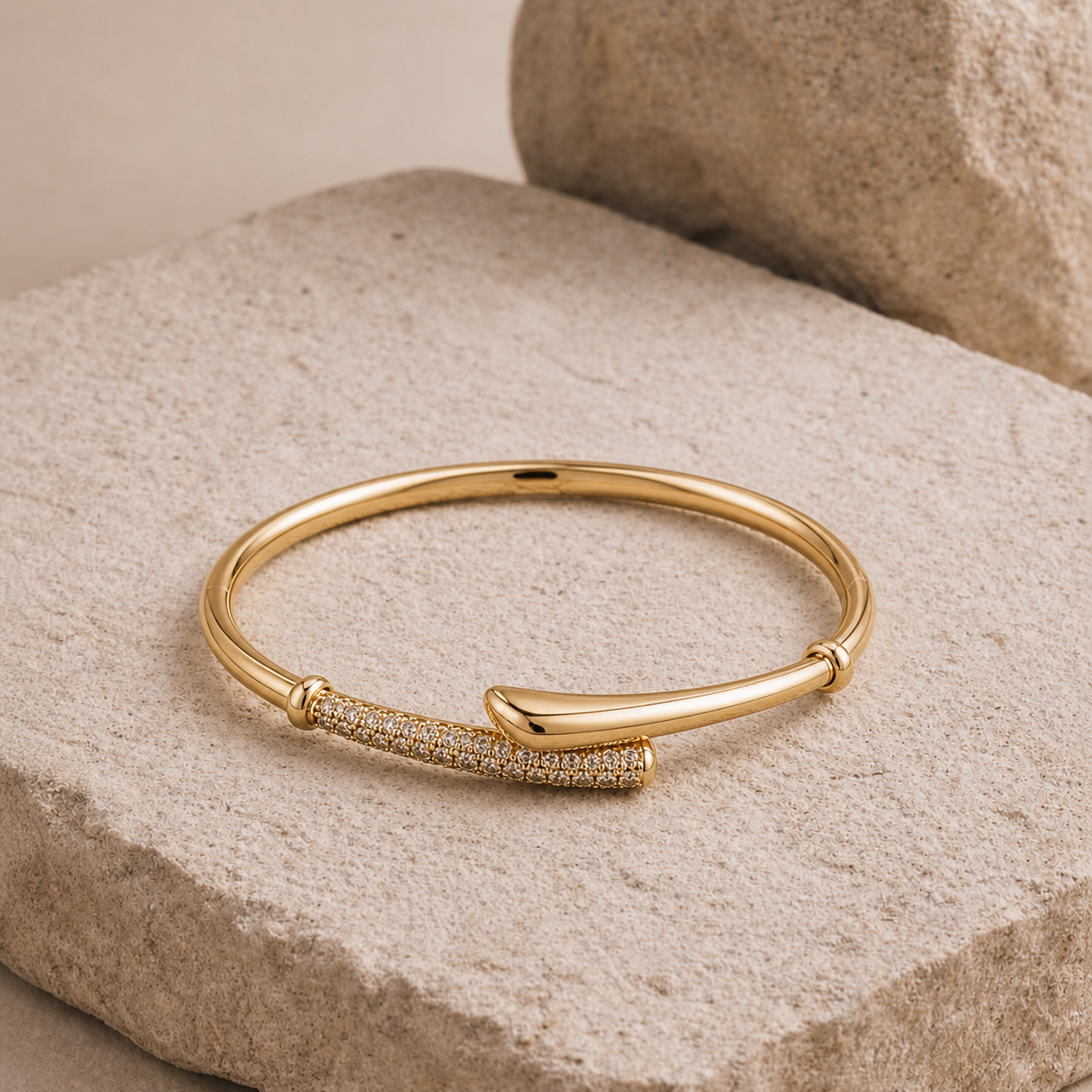 Prifine dual-path pave open bracelet in 18K gold plating featuring sparkling pave accents and a sleek, modern design.