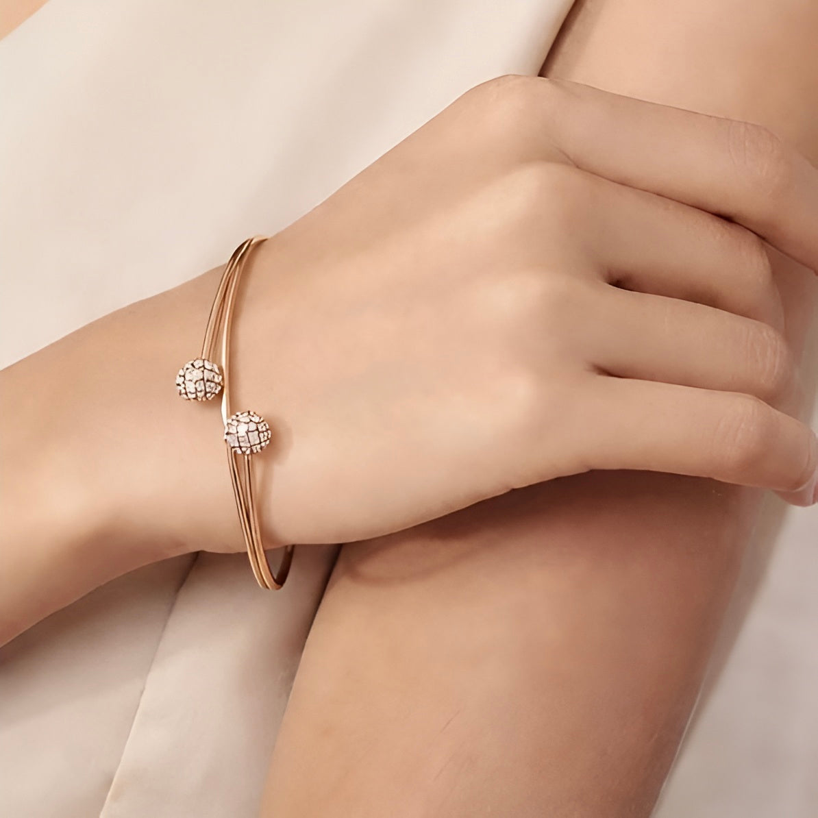 Prifine twin sphere open bangle in 18K gold plating, featuring two spherical accents on a sleek, open bracelet design.