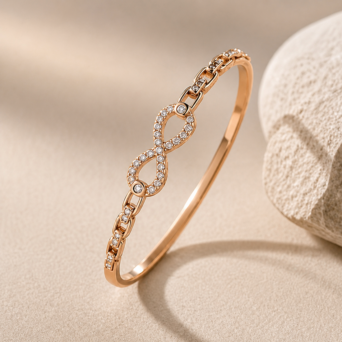 Prifine Eternal Infinity pave gold-plated link bangle bracelet with sparkling infinity design and smooth, polished finish.