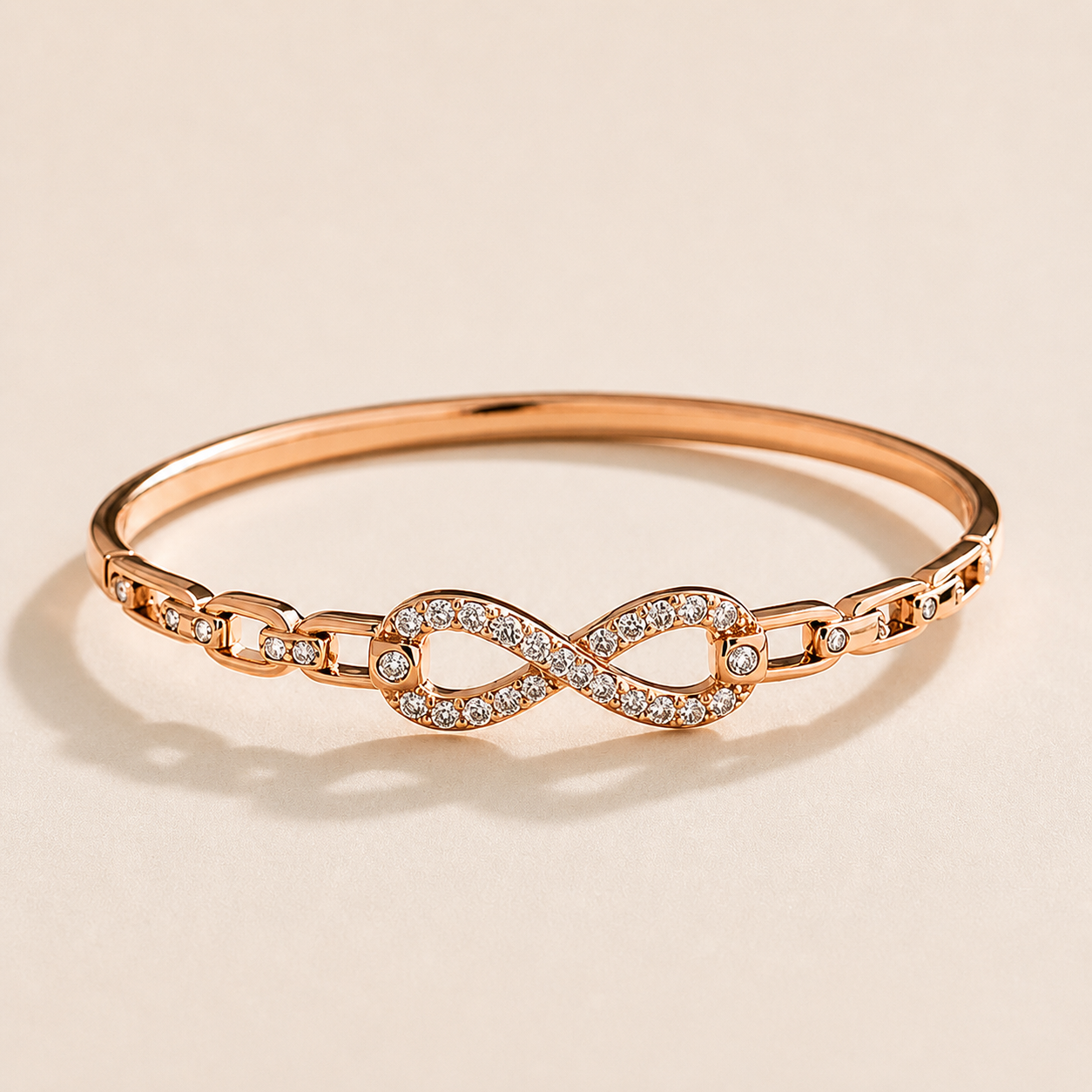 Prifine 18K gold plated infinity pave link bangle bracelet with delicate chain design and sparkling pavé accents.