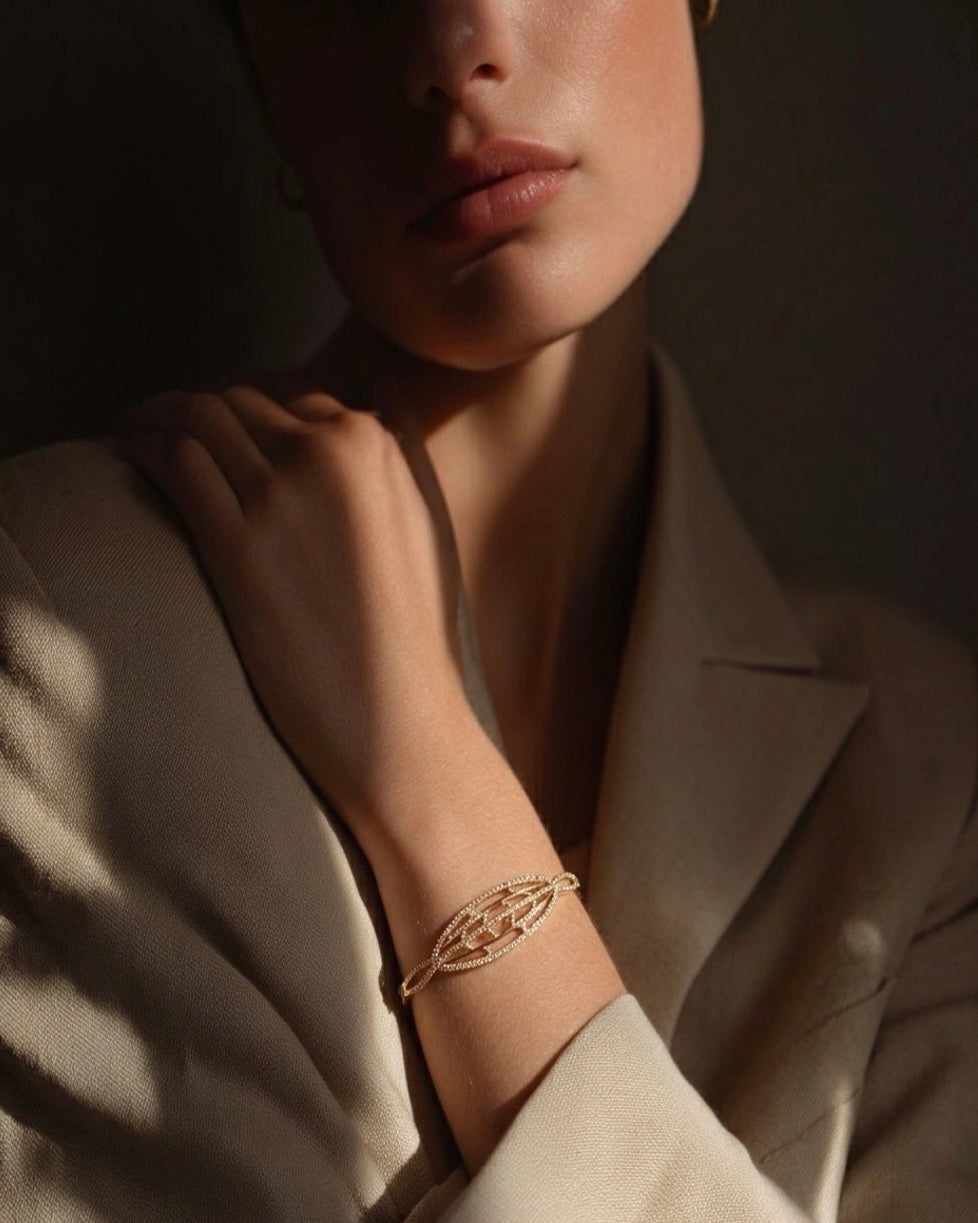 Lattice Marquise bracelet in 18K gold plating with marquise-shaped links, by Prifine, showcasing elegant jewelry design.
