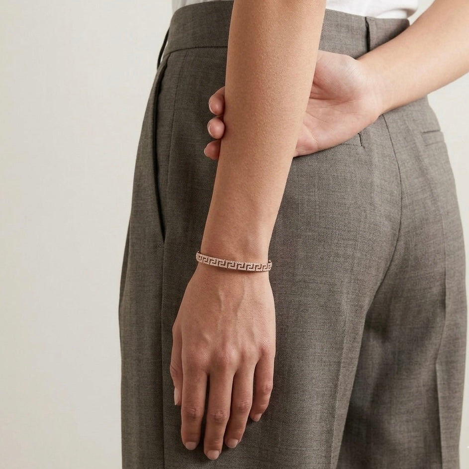 Prifine anti-tarnish premium kada bracelet made of polished metal with intricate design, displayed on a white background.