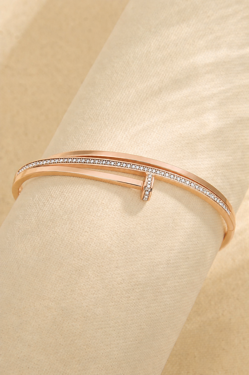 Prifine Luxe T-Bypass Crystal Bracelet featuring sparkling clear crystals and a sleek silver-tone design.